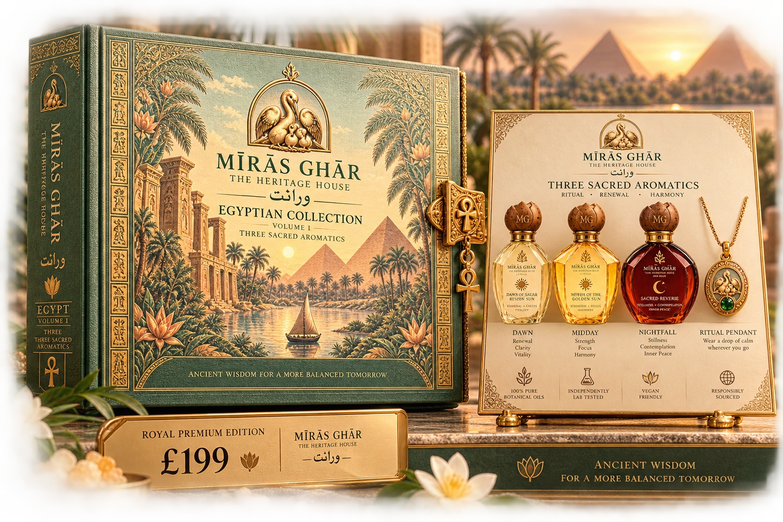 Open Egyptian gift book concept with three aromatic vessels and heritage pendant